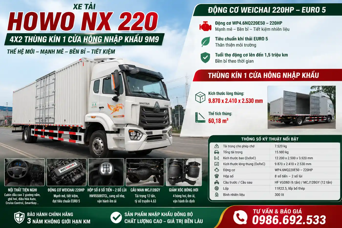 Xe tải HOWO NX 220 4X2 Thùng kín 1CH Nhập khẩu 9M9